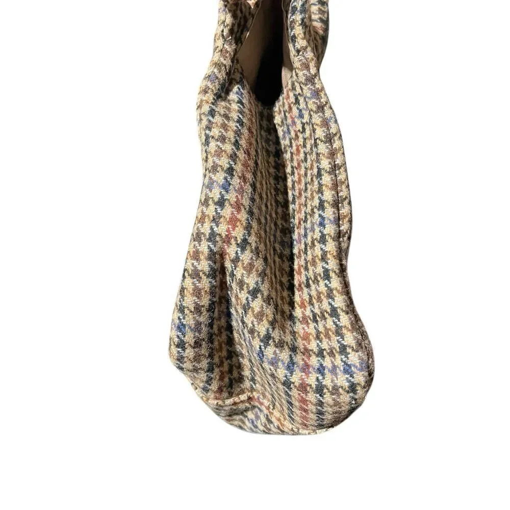 J Crew Handbag Tan Wool Blend Houndstooth Structured‎ Top Handle Purse Red